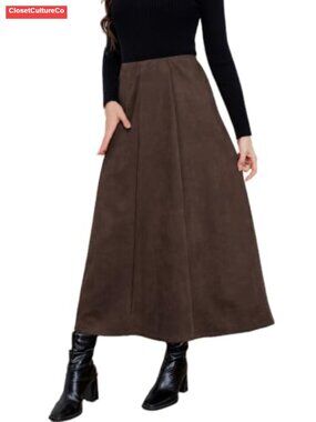 Faux Suede Midi Skirt High Waisted A-Line Flowy Wear to Work